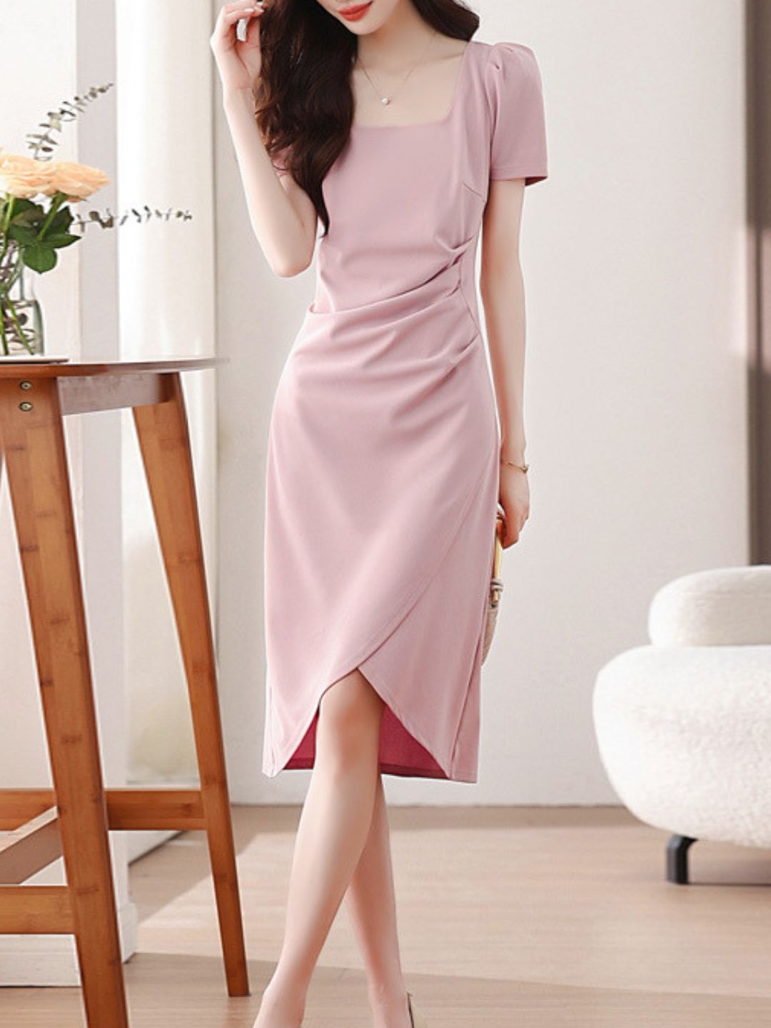 Solid Color Square Neck Slit Dress