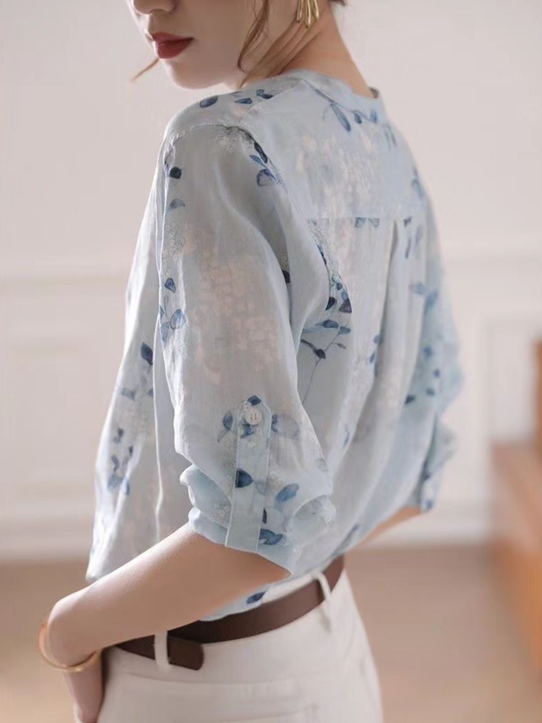 Chiffon Cotton and Linen Blue Floral Shirt