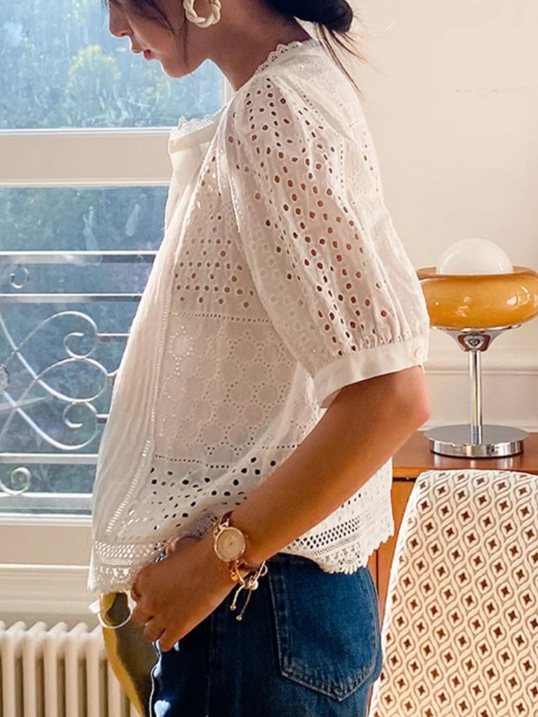 Lace Mid-Sleeve Elegant Hollow Shirt