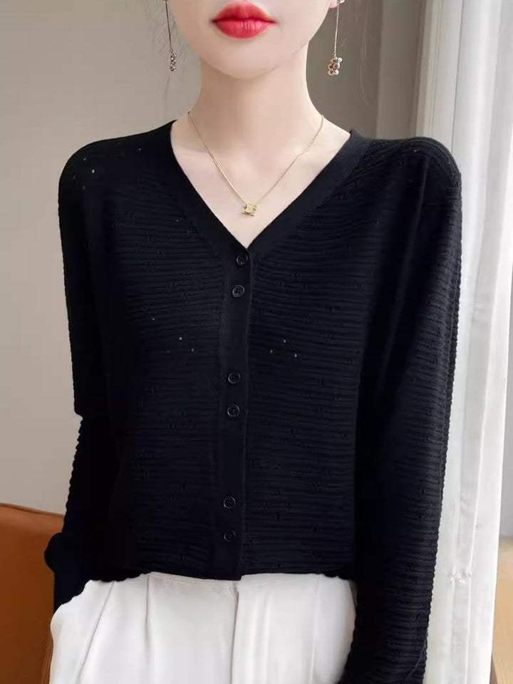 Long Sleeve V-Neck Top Hollow Knit Cardigan