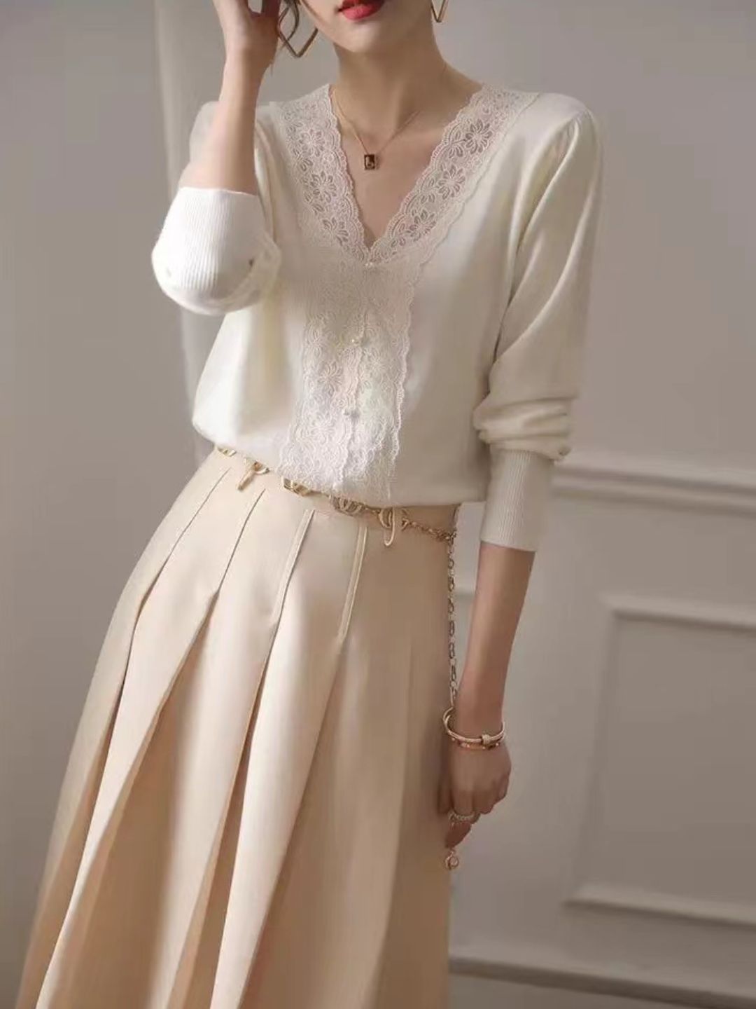 Lace Panel Sweater Top - Black