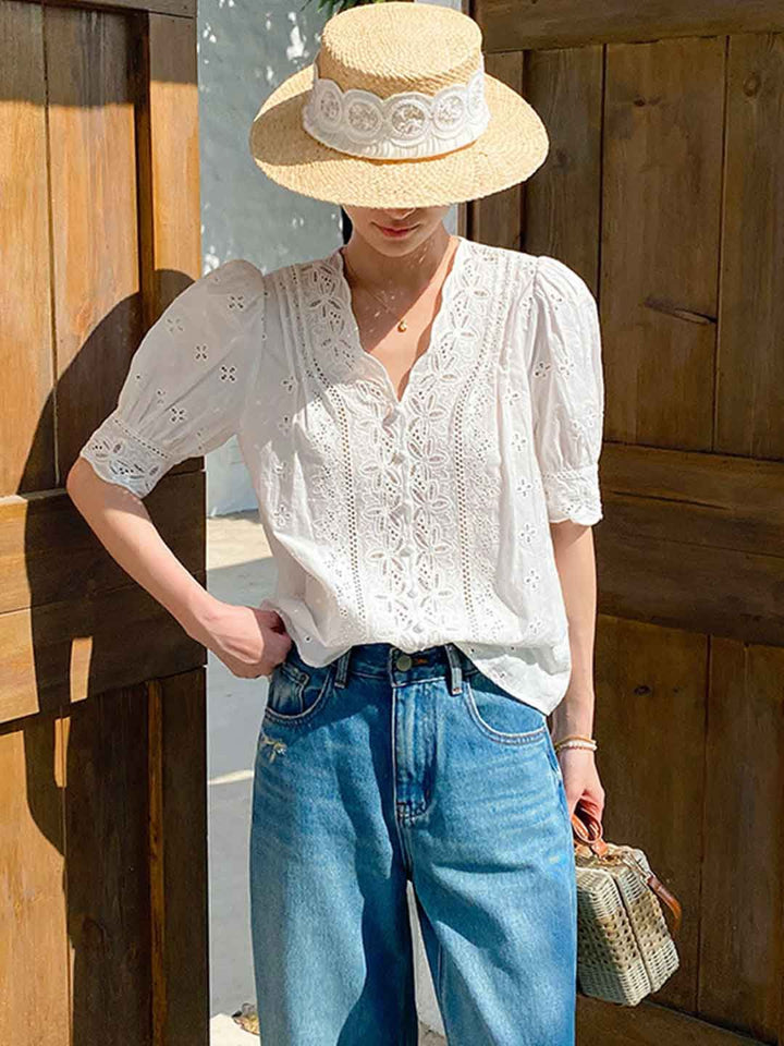 Elegant V-Neck Puff Sleeve Embroidered Top