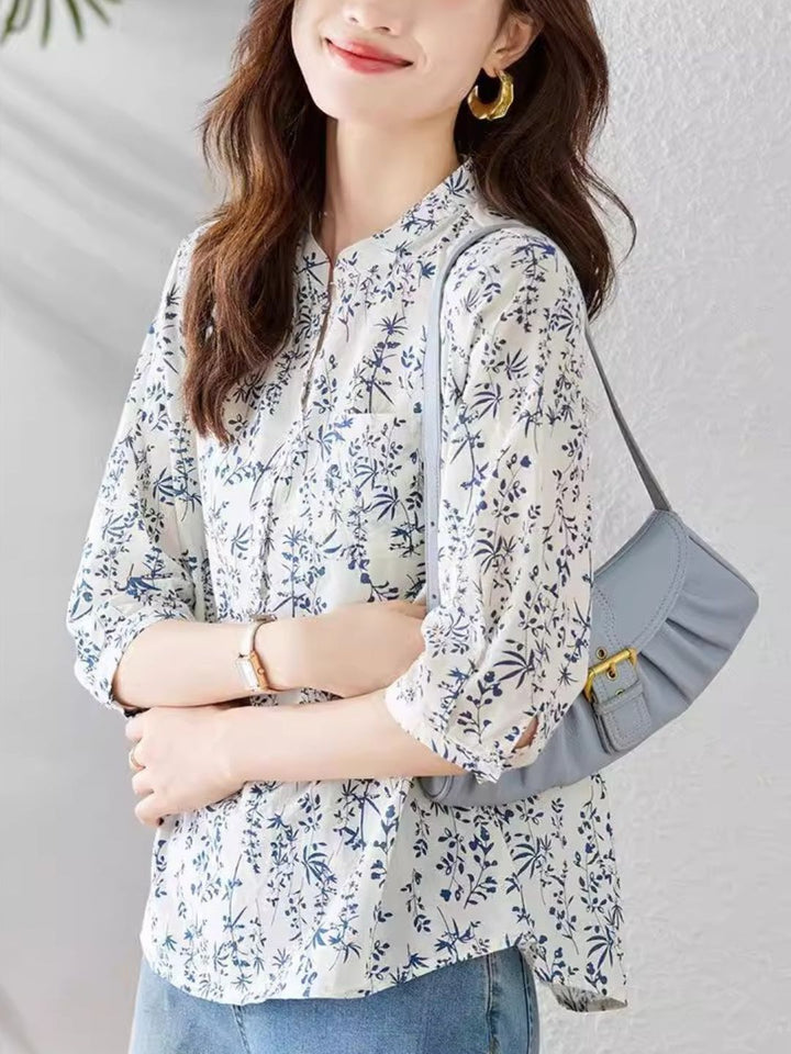 Floral Short Sleeve Blue and White Porcelain Shirt
