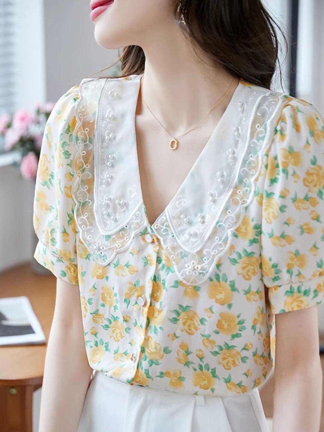 Classic Floral Printed Beaded Chiffon Shirt -Pink