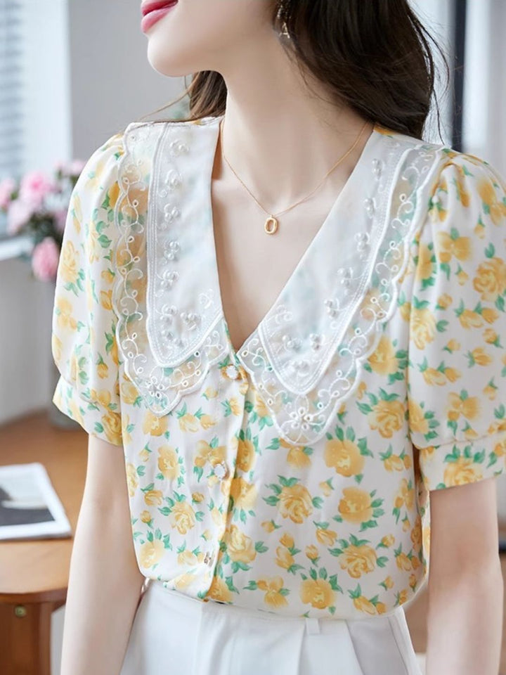 Classic Floral Printed Beaded Chiffon Shirt -Pink