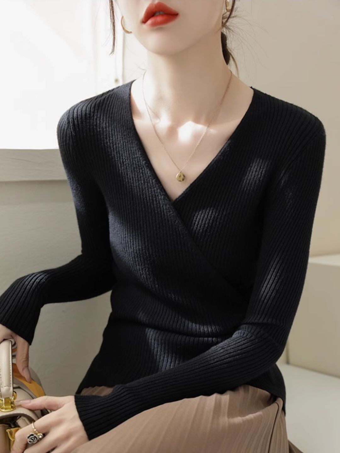 Classic V-Neck Solid Color Knitted Sweater