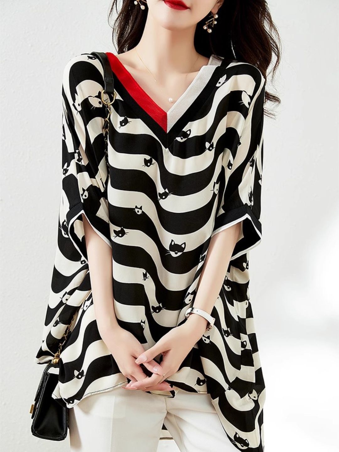 V-neck Striped Mid-sleeve Chiffon Shirt
