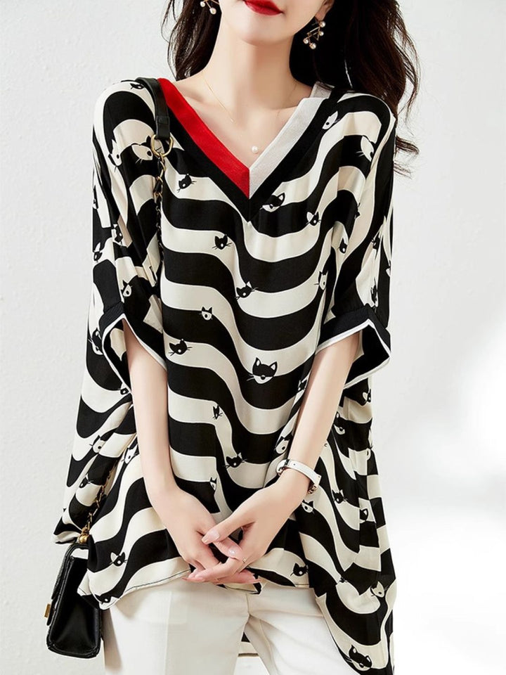 V-neck Striped Mid-sleeve Chiffon Shirt