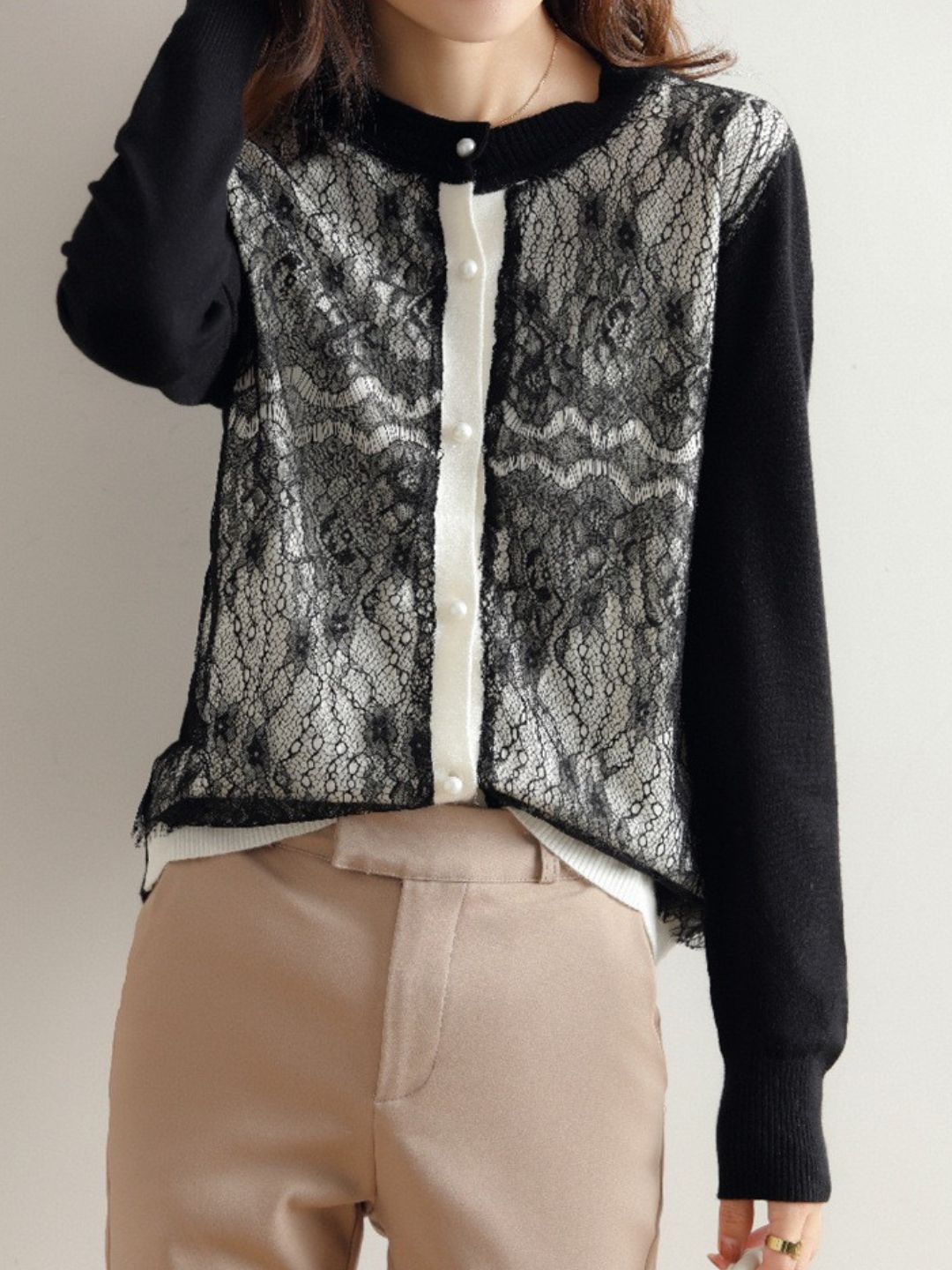 Crew Neck Lace Knit Sweater - Black