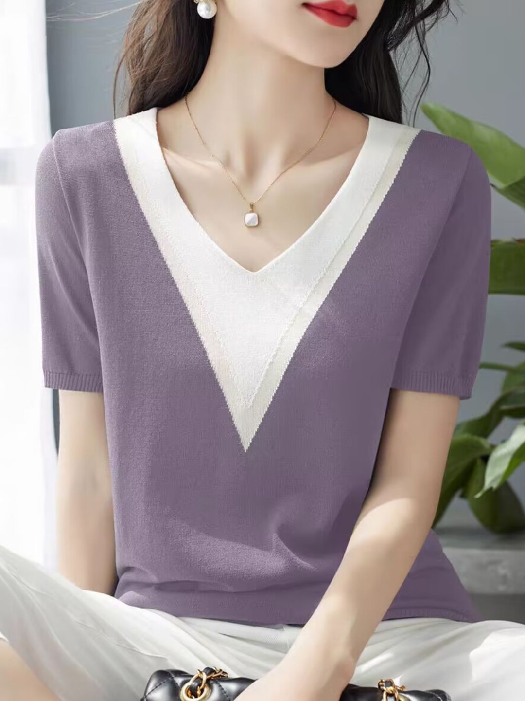 Retro V-Neck Colorblock Loose Top