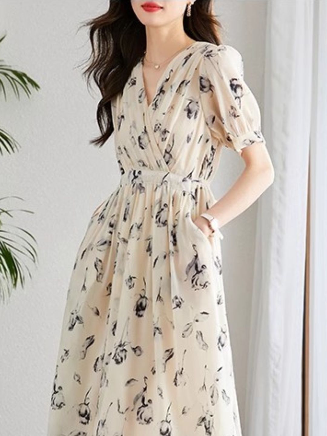 Temperament Short Sleeve Chiffon Dress - Black
