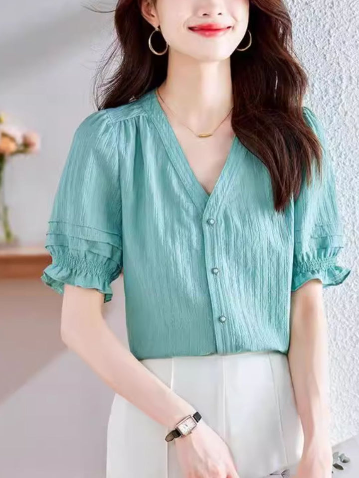 French V-neck Puff Sleeve Shirt - Purple