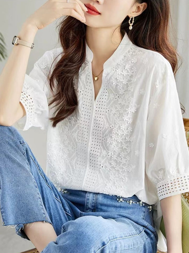 Versatile V-neck Embroidered Hollow Shirt