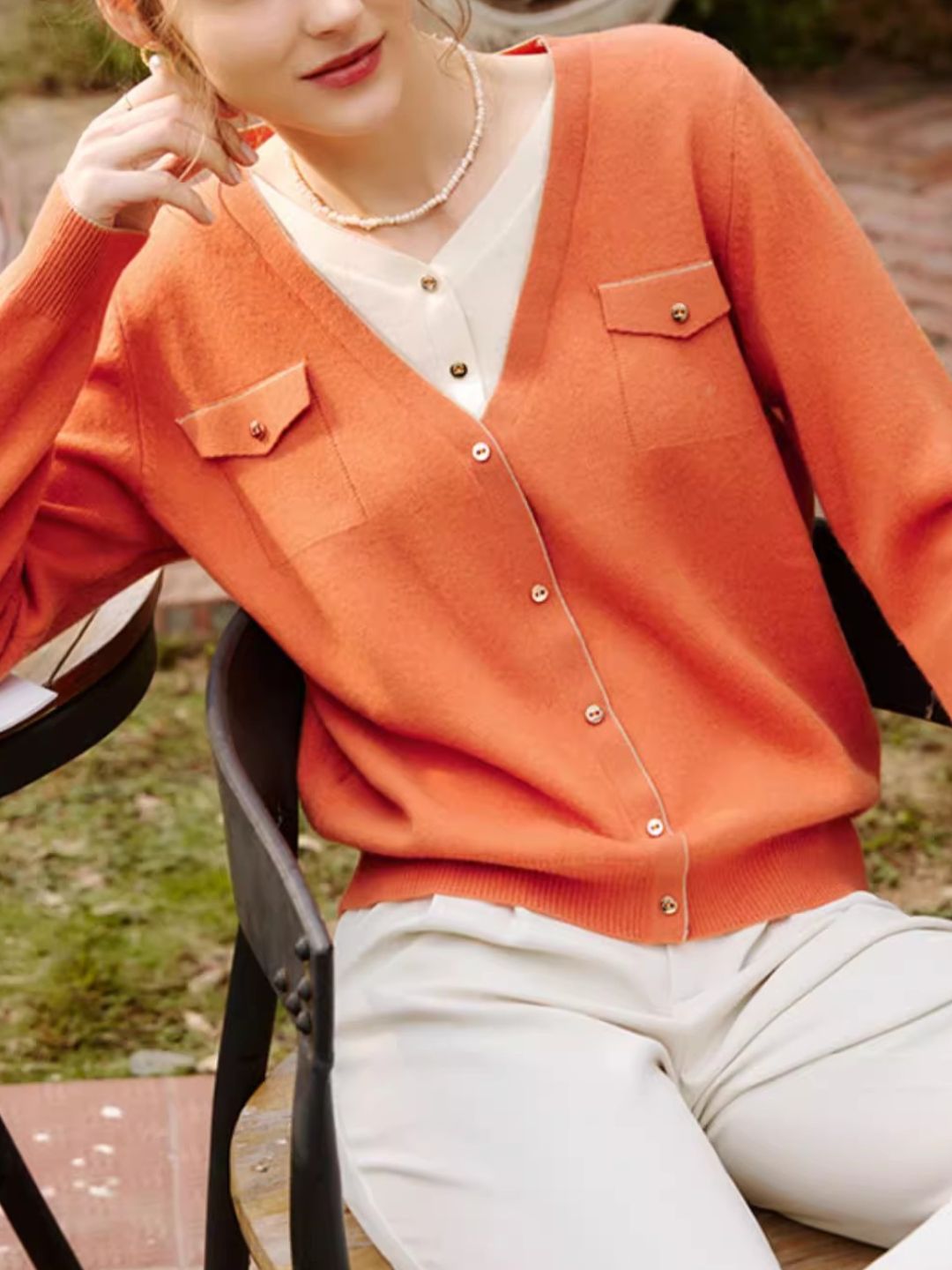 French Orange Lazy Style V-Neck Sweater