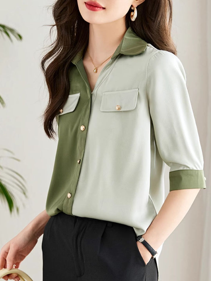 Versatile Contrast Color Shirt-Green