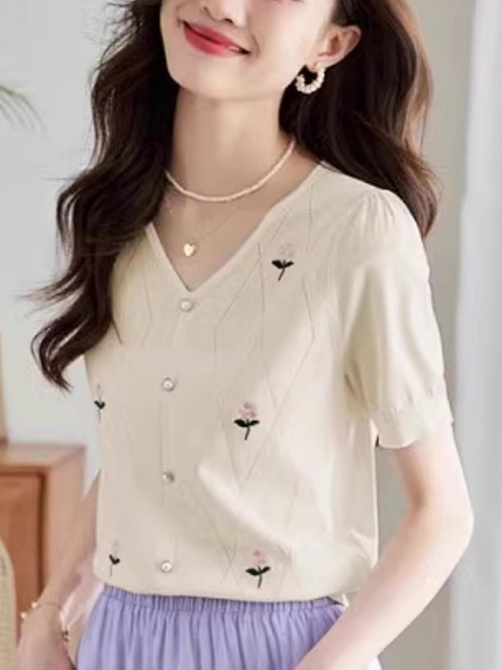 V-Neck Knitted Top With Hollow Embroidery