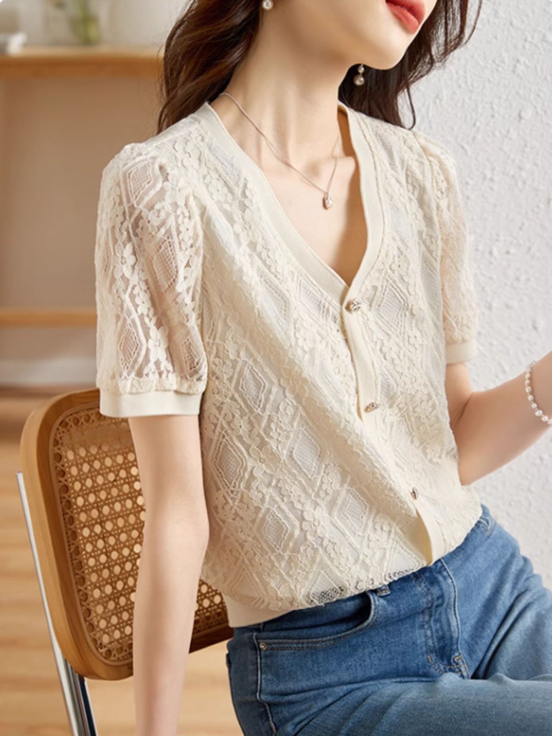 Elegant Lace Hollow V-Neck Top