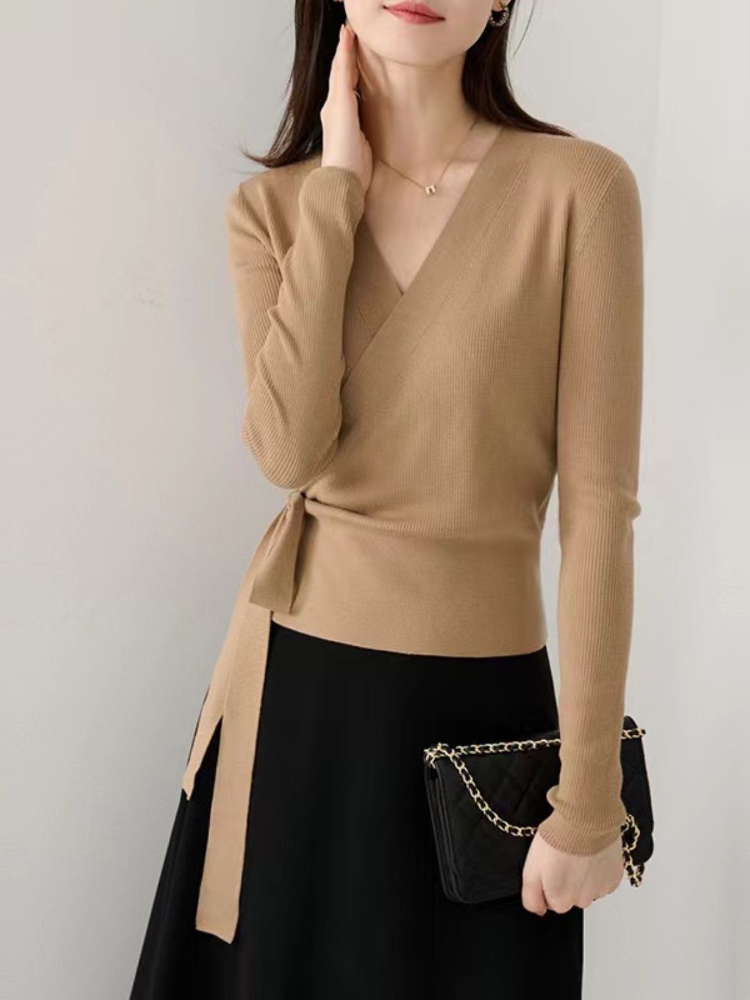 Crossover V-neck Tie Sweater