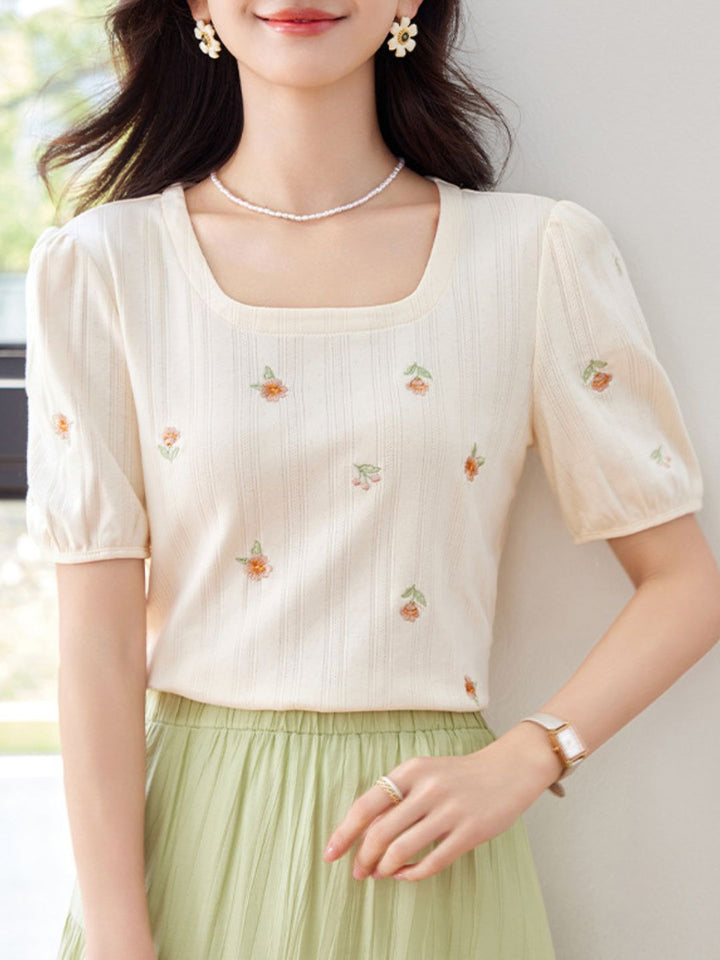 Square Neck Floral Puff Sleeve Top