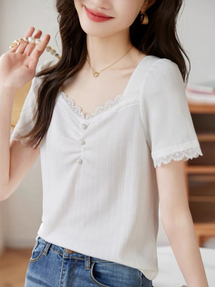 White Knit Short Sleeve Lace Top