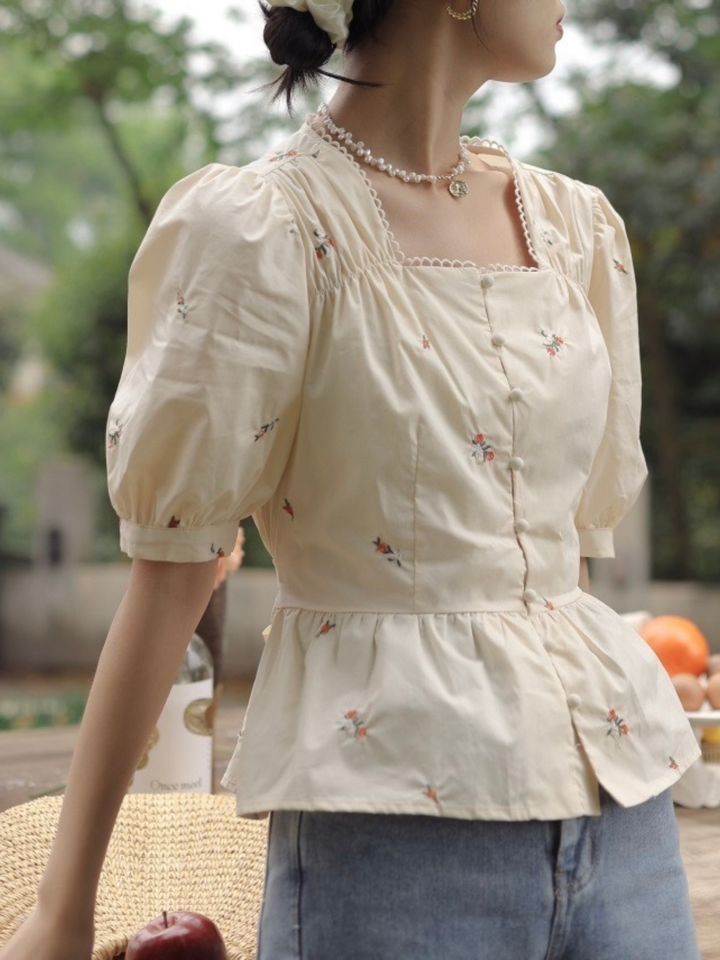 Square Neck Short Sleeve Embroidered Shirt