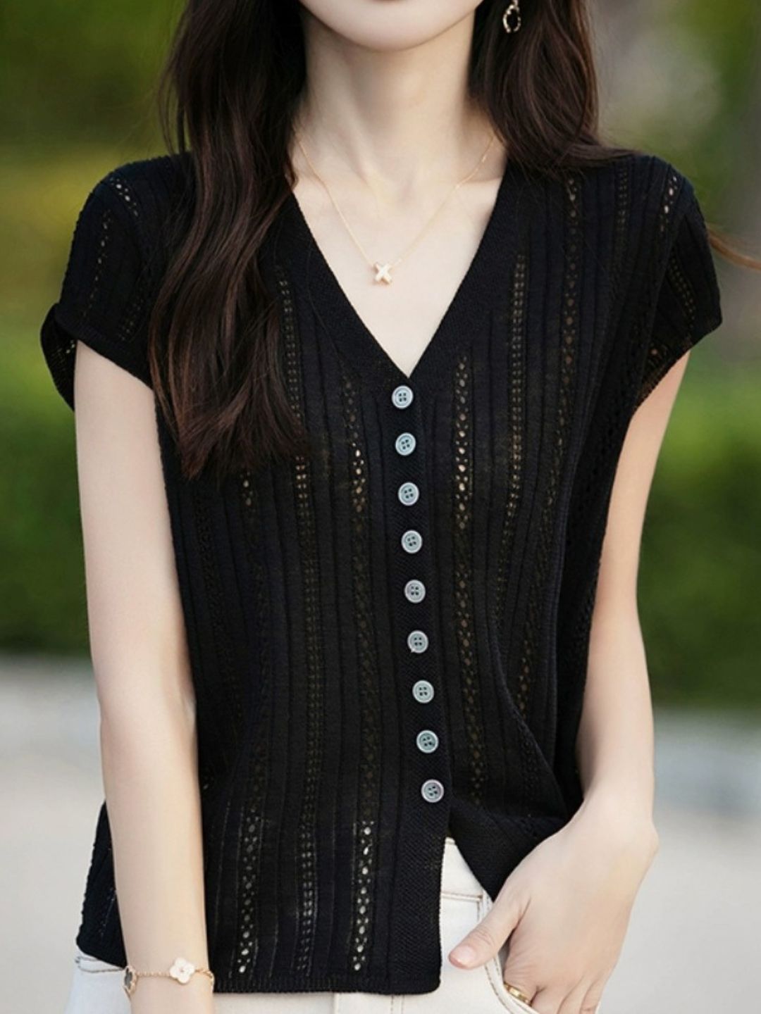 Classic V-Neck Loose Hollow Top