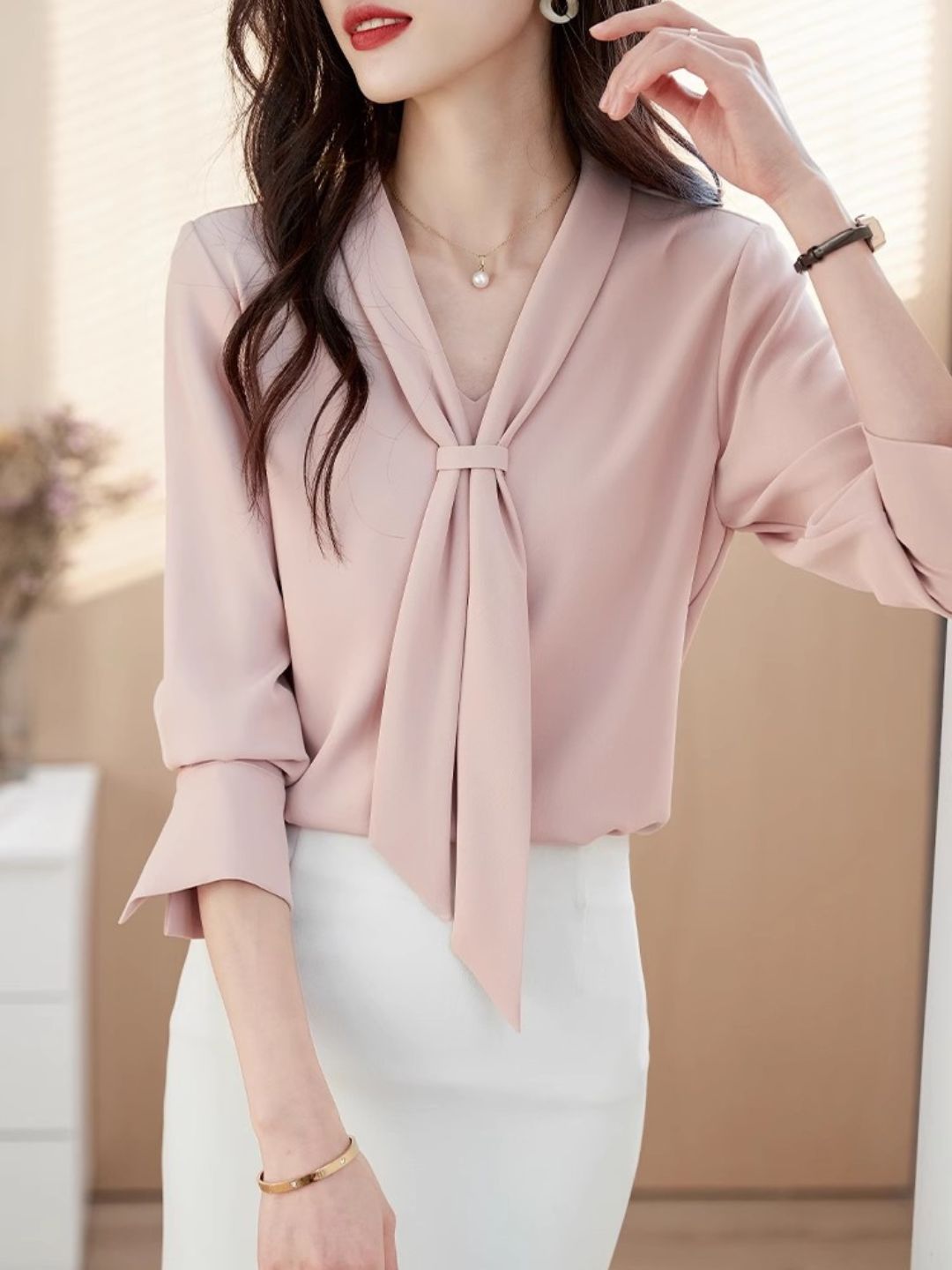Long Sleeve Chiffon Shirt - Pink