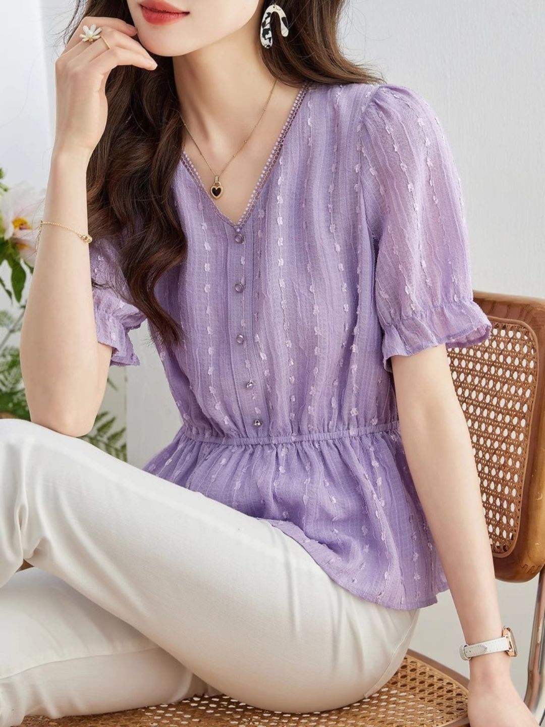 Loose Chiffon V-Neck Fashion Shirt -Purple