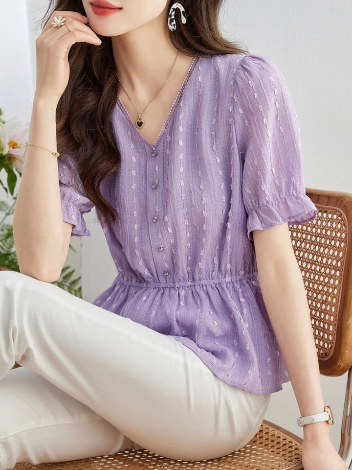 Loose Chiffon V-Neck Fashion Shirt -Purple
