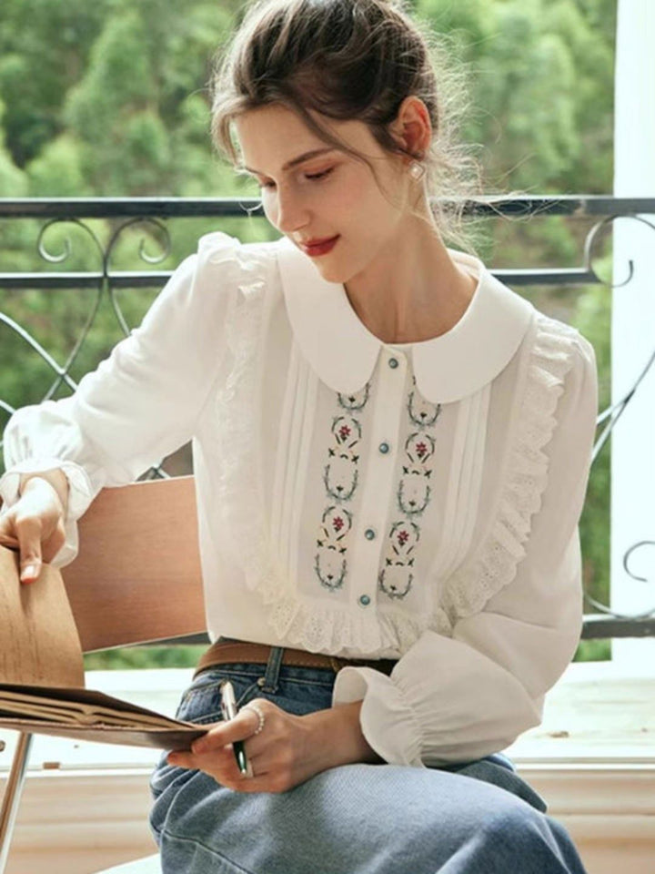 Loose Lapel Puff Sleeve Embroidered Shirt