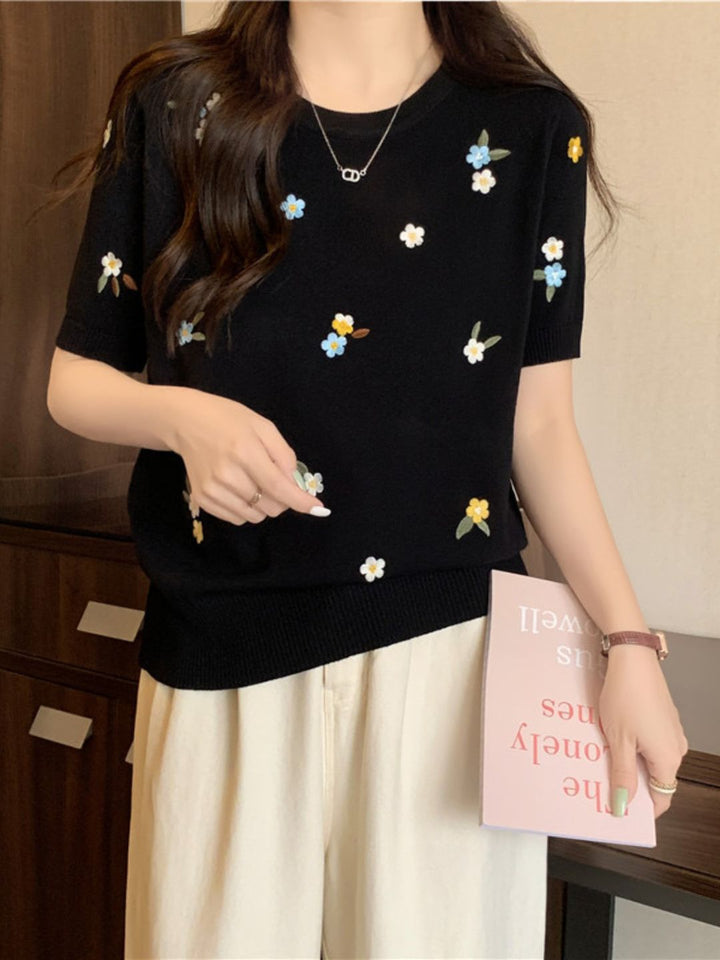 Crew Neck Embroidered Knitted Short Sleeves