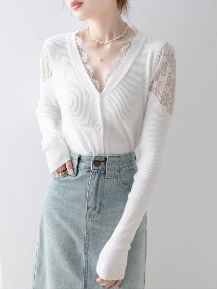 Slim Off-shoulder Lace Knitted Top