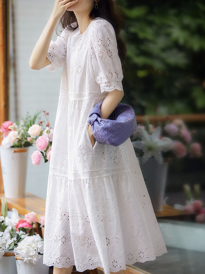 Classic Puff Sleeve Embroidered Hollowed Dress