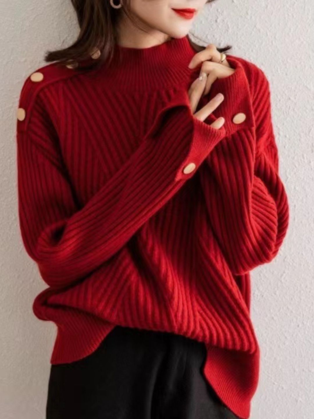 Half Turtleneck Solid Color Button Knitted Top