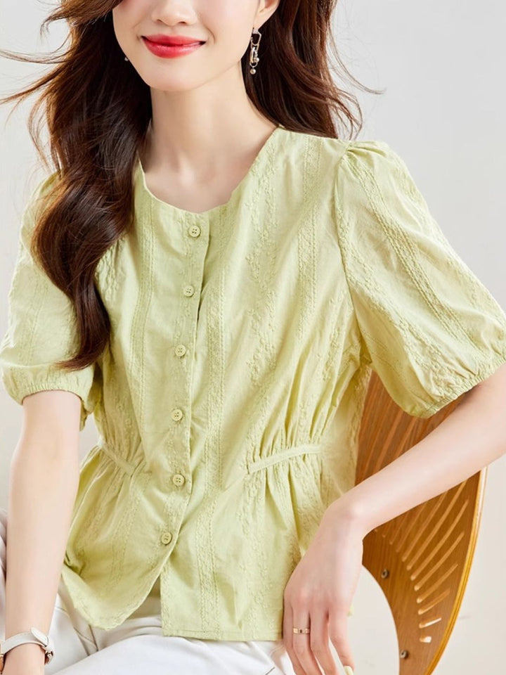 Round Neck Embroidered Shirt - Green