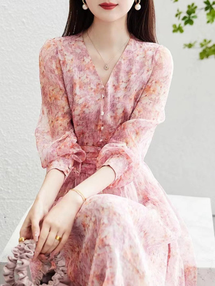 V-Neck Chiffon Floral Dress