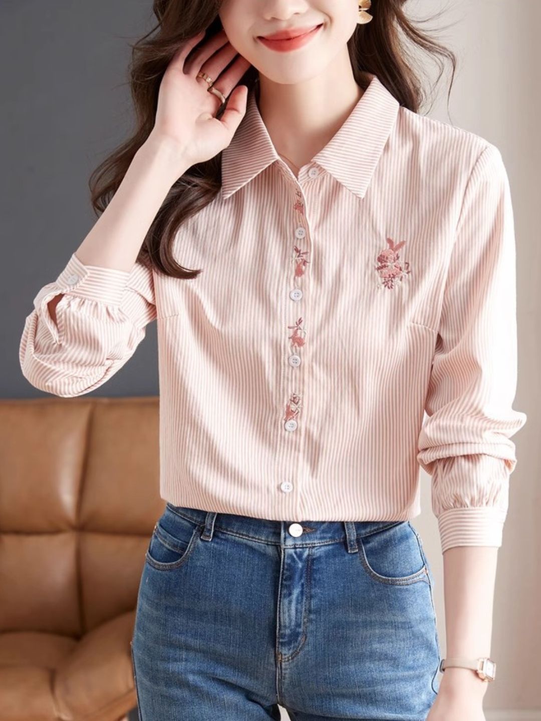 Lapel Stripe Embroidered Shirt