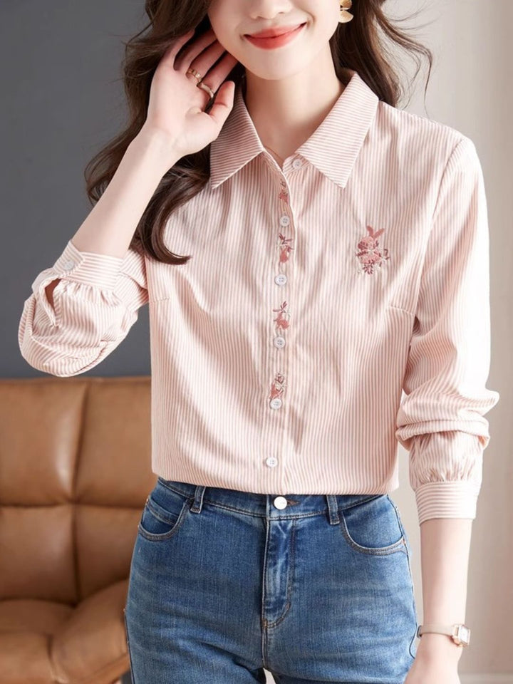Lapel Stripe Embroidered Shirt