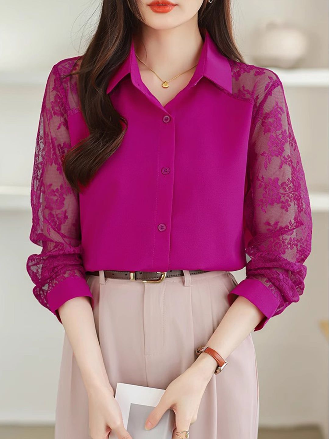 Lace Loose Lapel Chiffon Shirt
