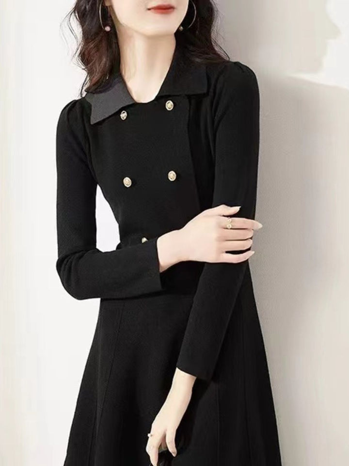 Lapel Knitted Sweater Dress -Black