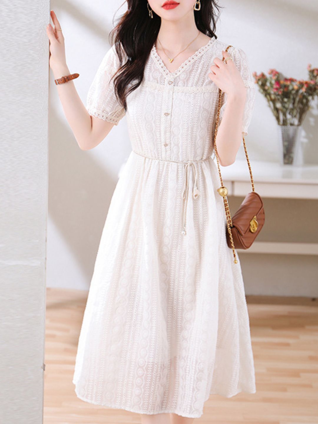 V-Neck Beige Lace Dress