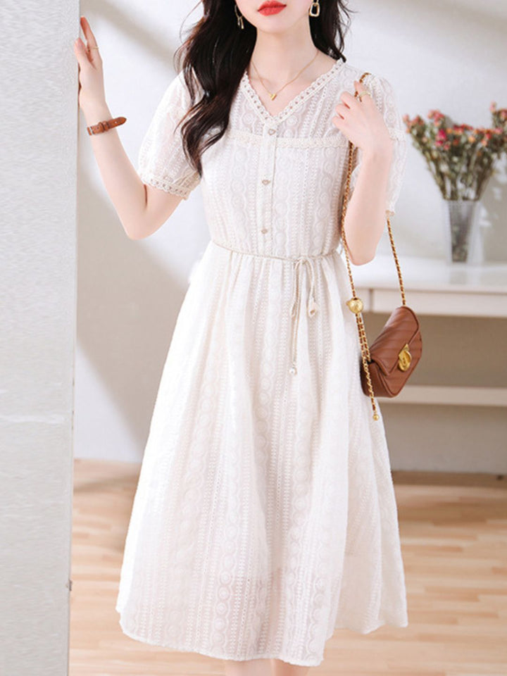 V-Neck Beige Lace Dress