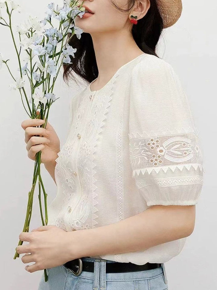 Round Neck Lace Embroidered Shirt