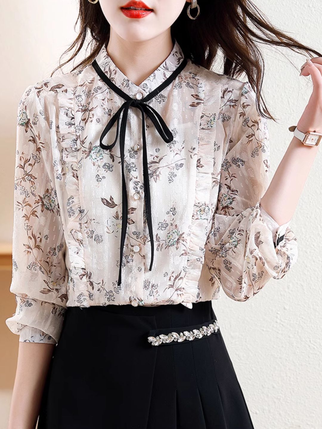 Floral Bow Chiffon Top