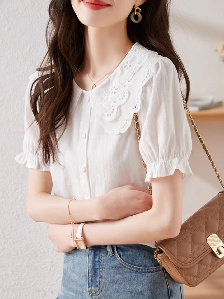 French Lace Double Collar Puff Sleeve Shirt - Pink