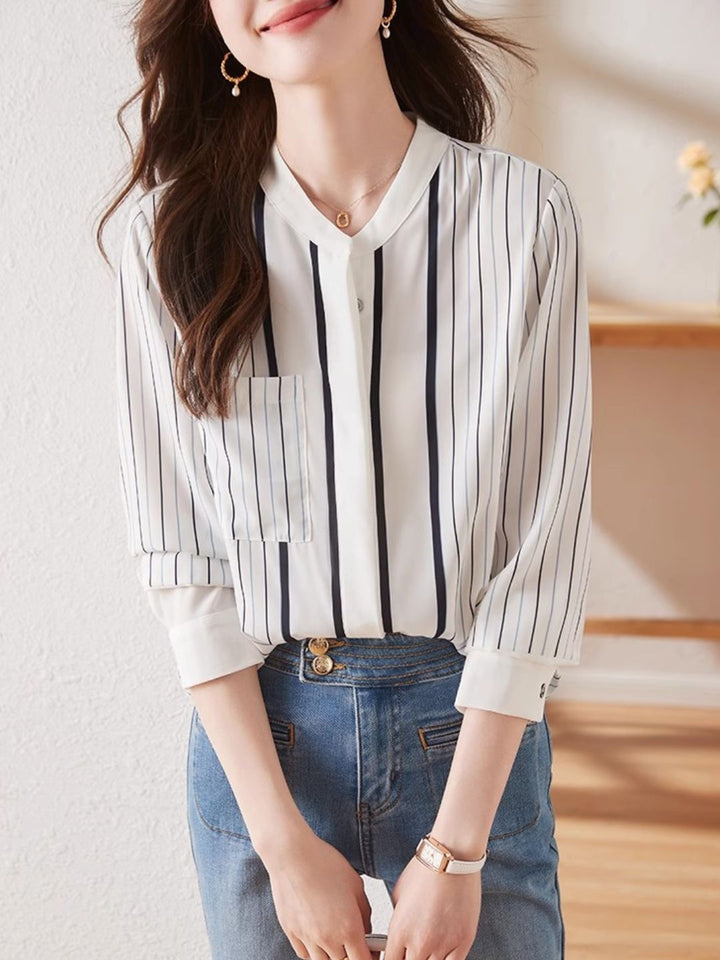 Striped Stand Collar Chiffon Shirt