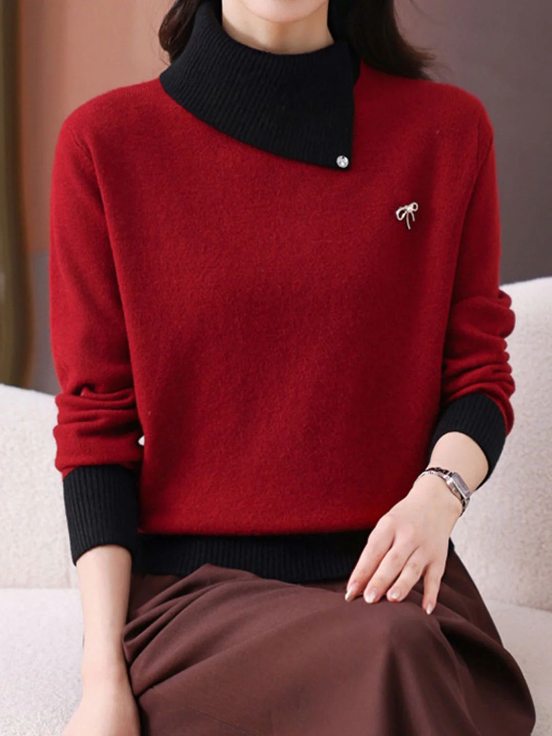 Classic Turtleneck Contrasted Panelled Knitted Sweater