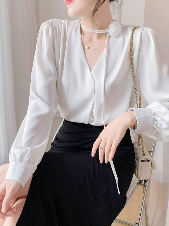 Gentle Style Rose Halter Neck Chiffon Shirt