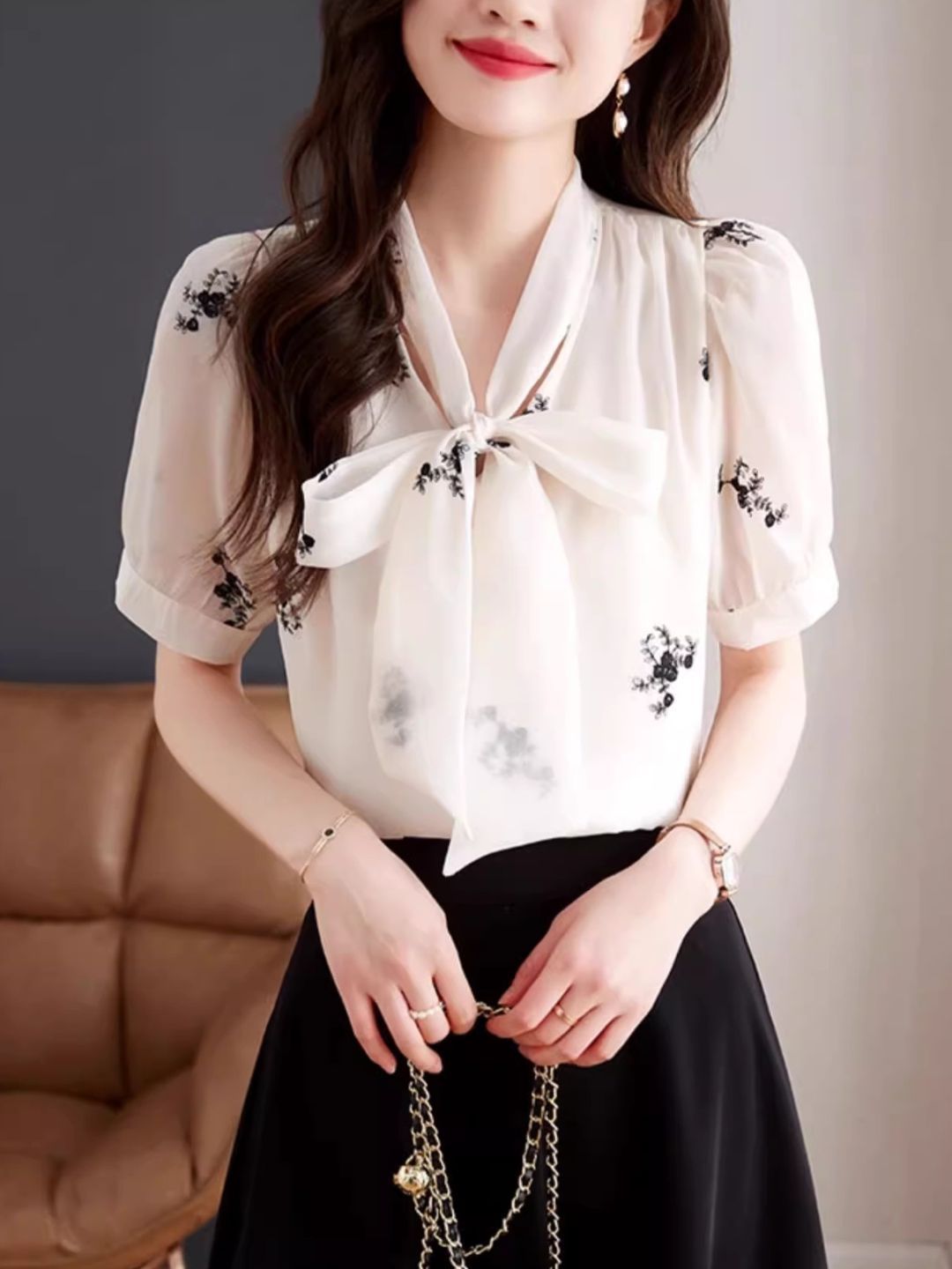 Bow Short Sleeve Chiffon Shirt - Apricot