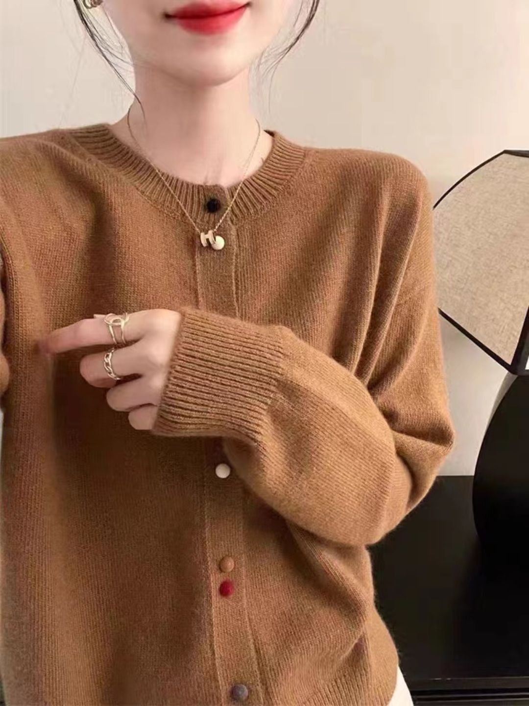 Vintage Crew Neck Knit Cardigan - Red